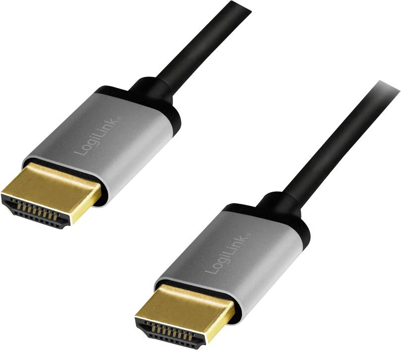 Two HDMI cables with gold-plated connectors and black cable, suitable for audio and video connections, isolated against a white background.