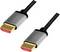 Two HDMI cable plugs with grey casings and gold-plated connectors, connected by a black cable.