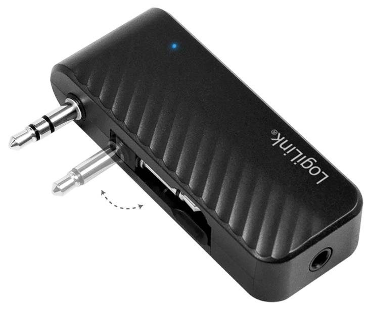 A black, rectangular jack adapter with two 3.5 mm plugs and an adjustable slide control on the side.