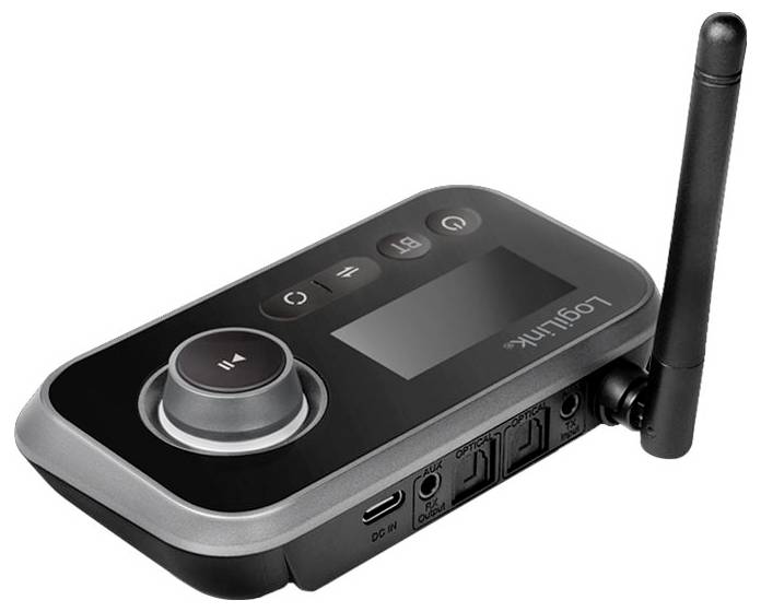 A black, rectangular electronic device with a large rotary knob, display, and antenna, presumably a wireless audio receiver.