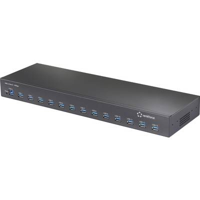 A black USB hub with 13 USB 3.0 ports labeled from USB 1 to USB 13, made by renkforce. The device is designed for easy connectivity.