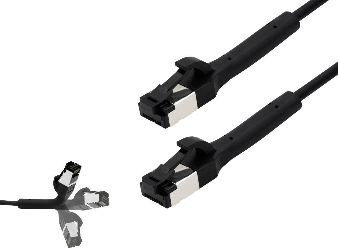 Two black Ethernet cables with RJ45 connectors and additional illustration of connector ends in a triple split.