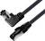 A black Ethernet cable with one straight and one right-angled RJ45 connector.