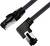 A black Ethernet cable with two RJ45 connectors, one standard and one at a 90-degree angle, is used for network connection.