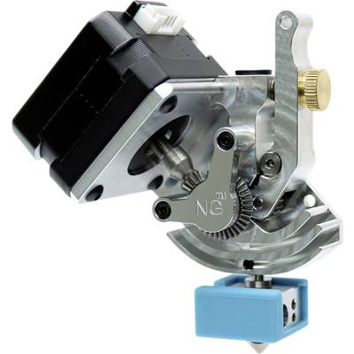 Metallic 3D printer extruder with gears, motor and nozzle. Key component for precise 3D printing.