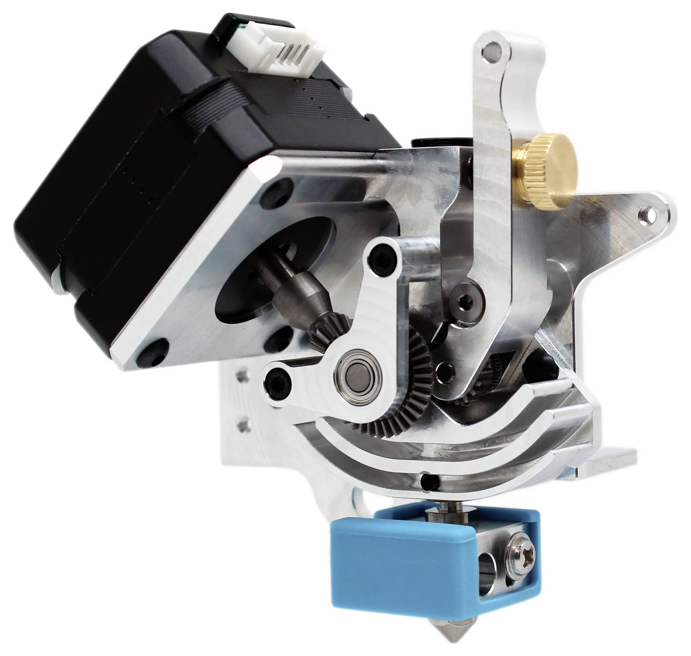 A metal extruder component for a 3D printer with motor, gears and nozzle, ready to be installed in a printer.