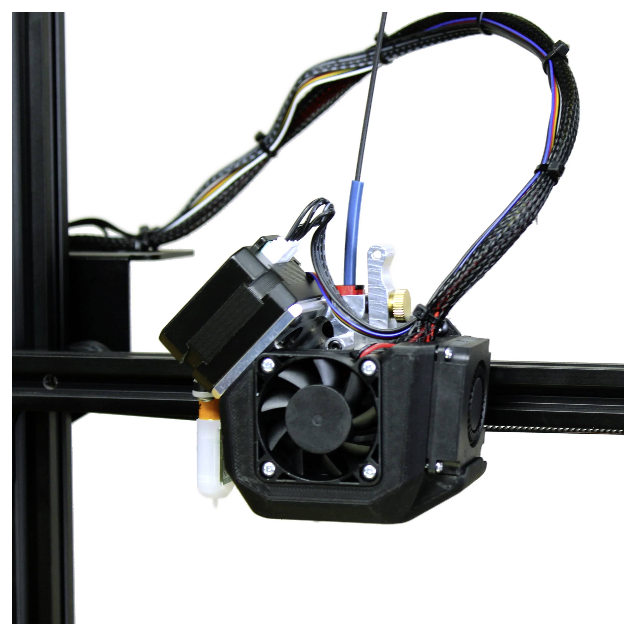 A 3D printer extruder with a fan, connections and cables is mounted on a metal frame.