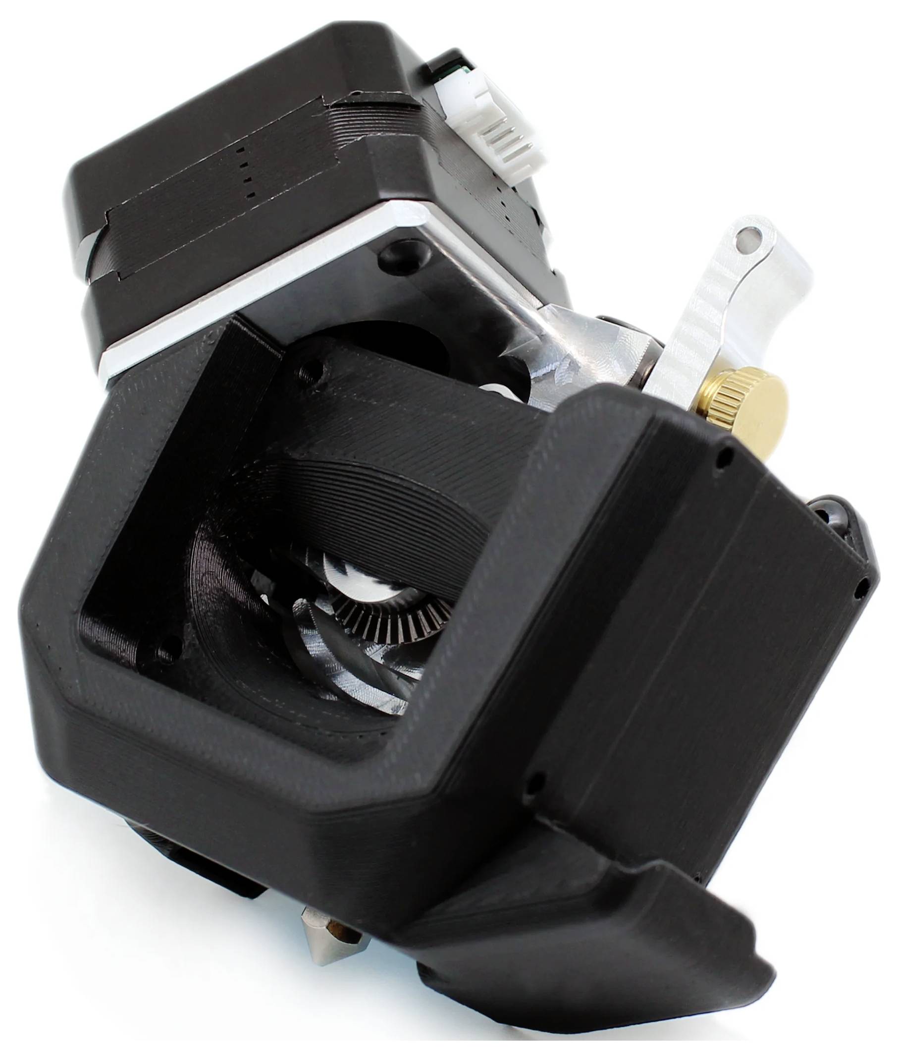 Black plastic casing with visible gears and an adjusting screw, likely part of a technical device or mechanism.