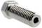 Close-up of a silver metal bolt with a hex head and threaded shaft, isolated on a white background.