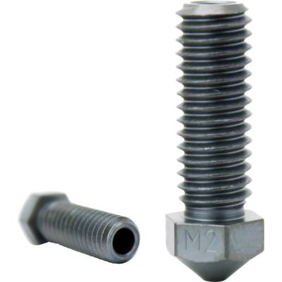 Two black metal bolts on a white background, one upright with an M2 hex head and one lying horizontally with a hollow center.<br>