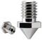 Two metal threaded nozzle tips, one upright with a conical point and one lying sideways, shown on a white background.