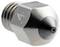 Close-up of a metallic 3D printer nozzle with engraved markings and a small centered tip on a white background.