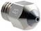 Close-up of a metal 3D printer nozzle with threaded end and black tip, isolated on a white background.