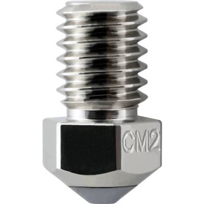 Close-up of a metal 3D printer nozzle with threaded top and hex base, labeled 'CM2'.