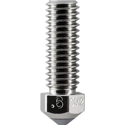 Close-up of a metallic 3D printer nozzle with threaded body and hex base marked '6' and 'CM2'.<br>