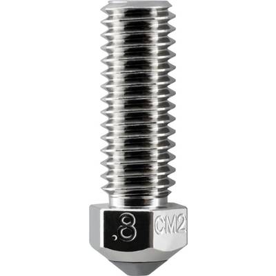 Close-up of a metal threaded bolt or nozzle with hex base, stamped '8' and 'CM2'.