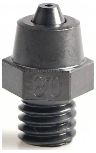 Close-up of a black metal nozzle or fitting with hexagonal base, threaded end, and engraved '80' on the side.<br>