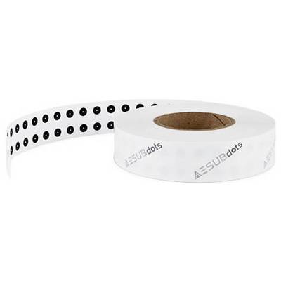 A roll of white adhesive dots with black centres. The roll is partially unrolled, with the manufacturer's name visible.