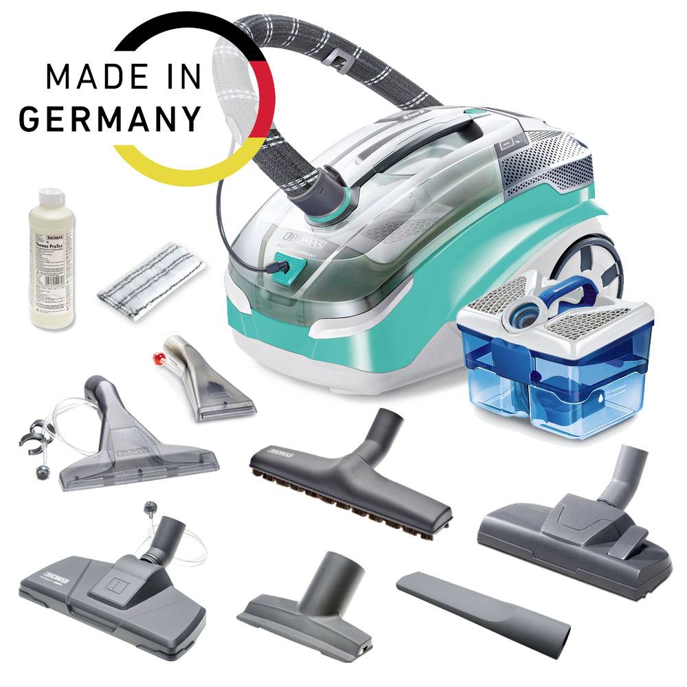 Vacuum cleaner with multiple accessories, including various nozzles and filters. Text 'Made in Germany' with German flag colours ring.