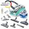 Vacuum cleaner with multiple accessories, including various nozzles and filters. Text 'Made in Germany' with German flag colours ring.