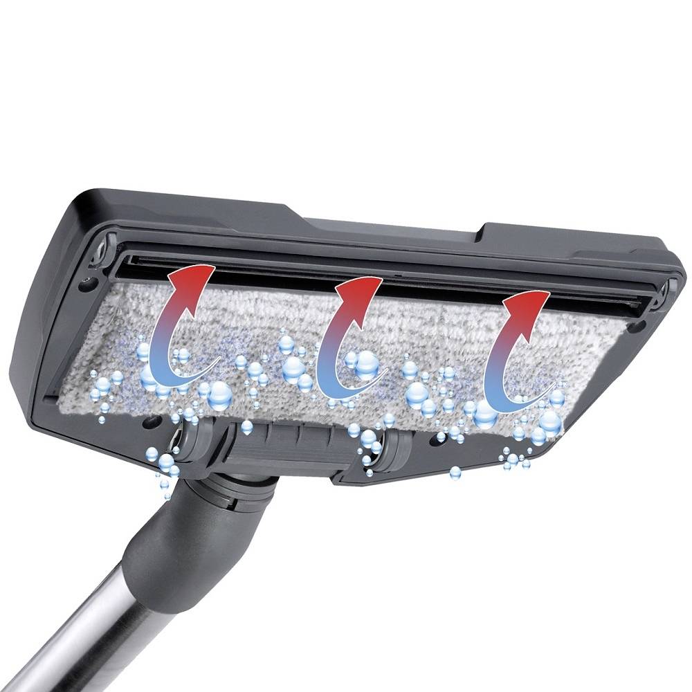 A vacuum cleaner nozzle with blue water droplets and red arrows indicating air circulation to represent efficient cleaning.