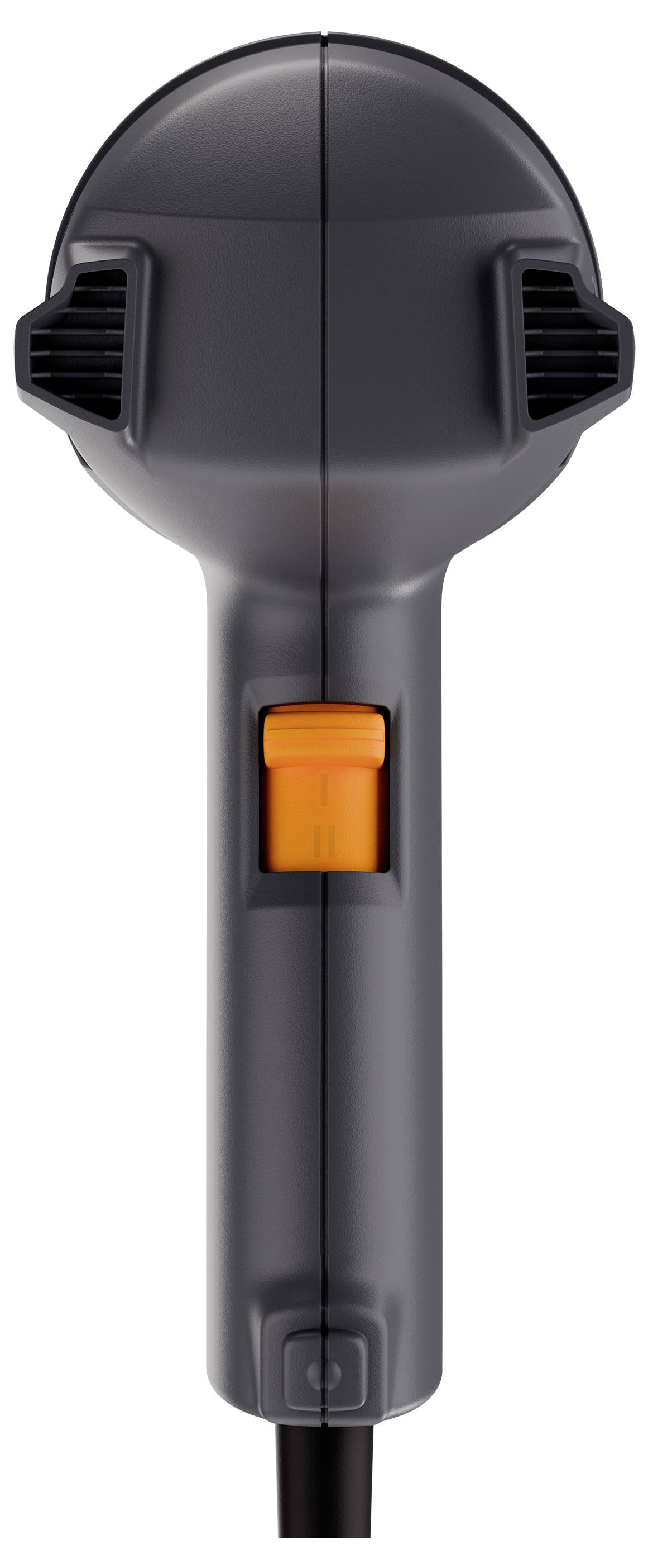 A black hairdryer with an orange switch in the middle of the handle, shown from the front.