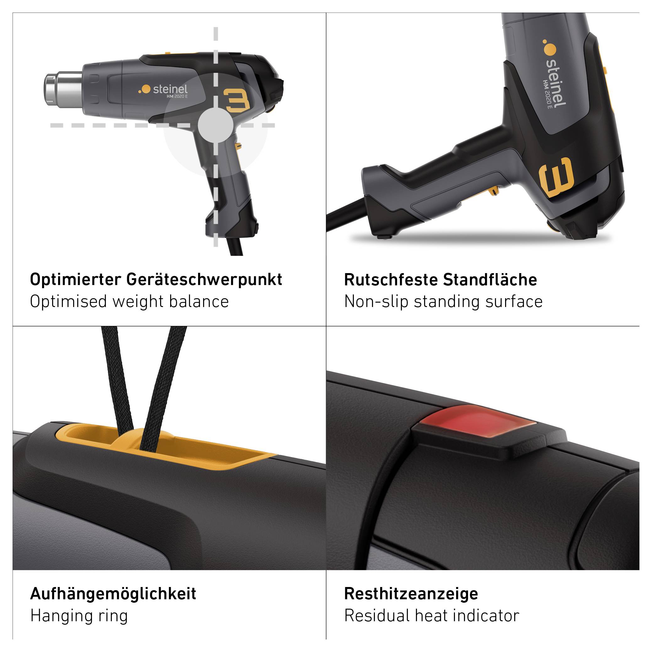Four-panel product diagram of a Steinel heat gun highlighting optimized weight balance, non-slip standing surface, hanging ring, and residual heat indicator.