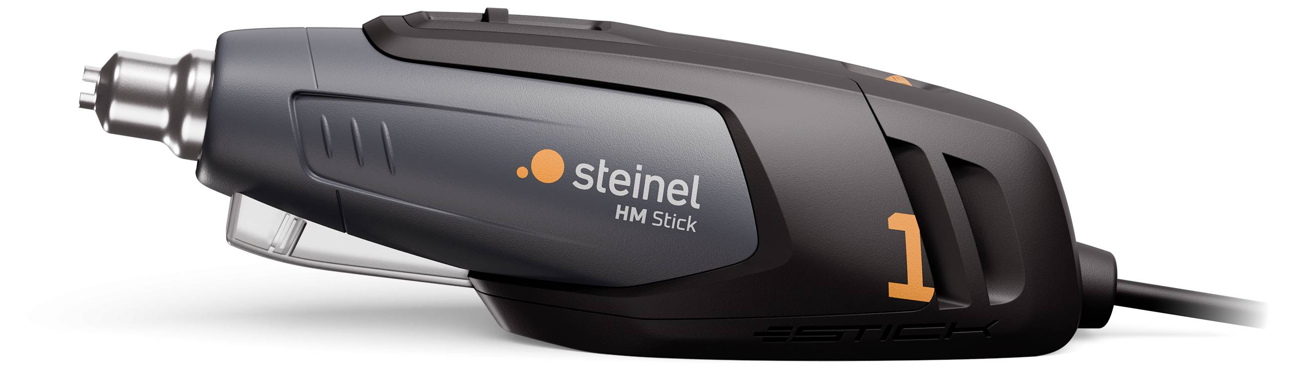 Hot air blower with 'steinel HM Stick' printed on it. Black design with orange details, suitable for precise handiwork.