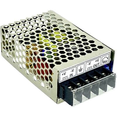 A rectangular metal power supply unit with honeycomb grid, labelled with '+V IN', '-V IN', '-V OUT', '+V OUT', shows input and output terminals.