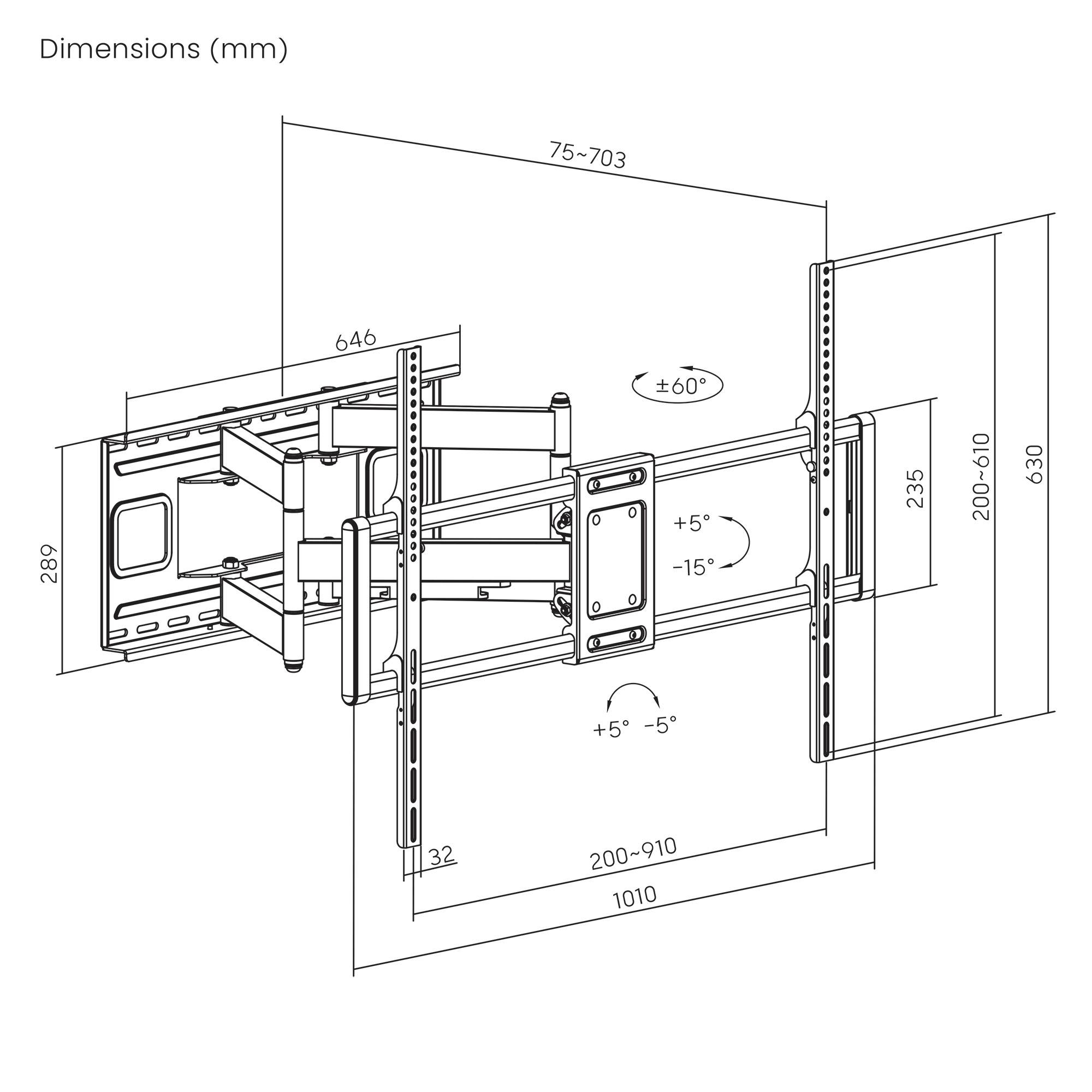 TV Wall Mount Diagram with Dimensions in mm; shows Mounting Plate, Arm Structure, Tilt Angle (+60°/-2°), Depth Range (75-703).