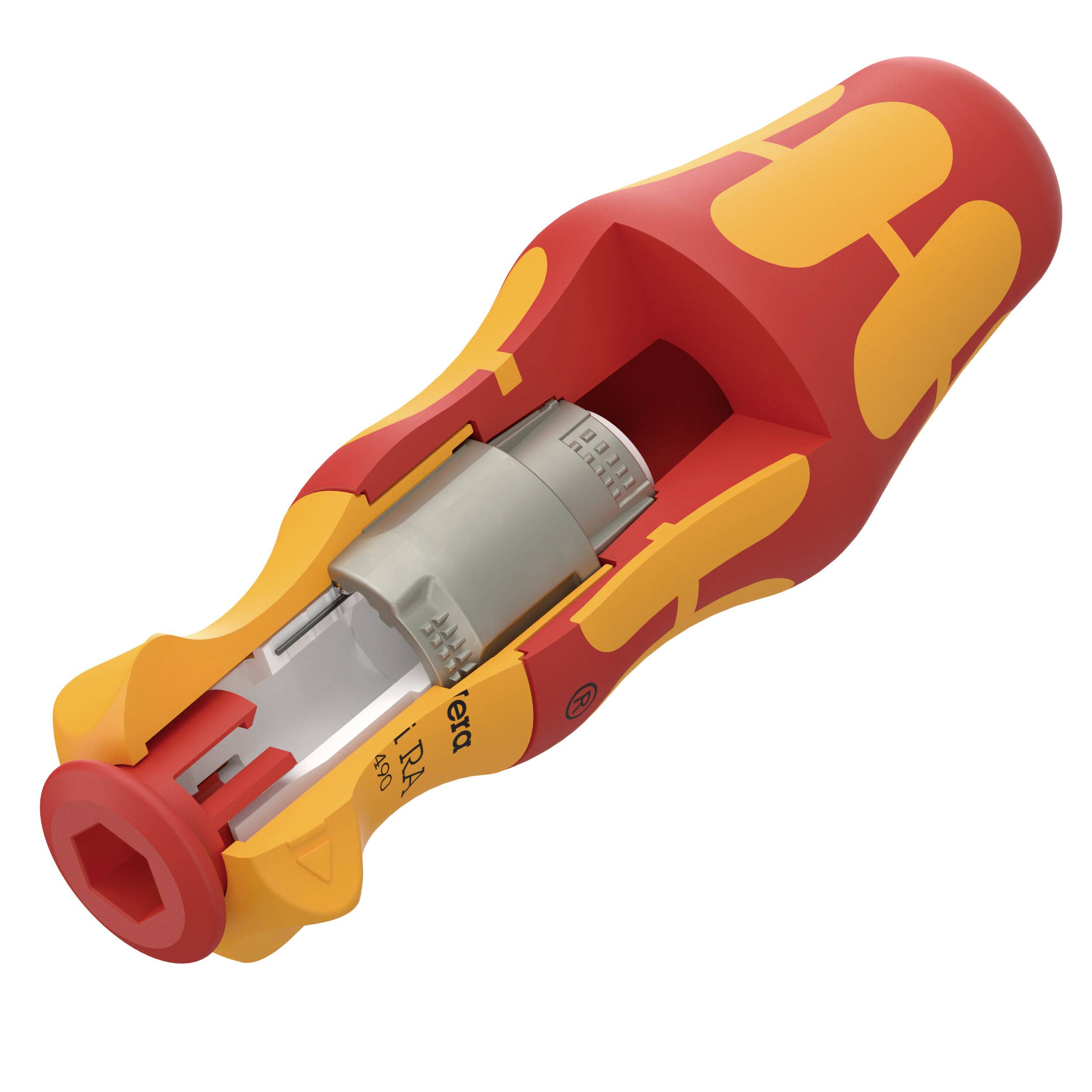 A red phase tester with yellow accents. It indicates voltage by touch and is suitable for electrical tests.