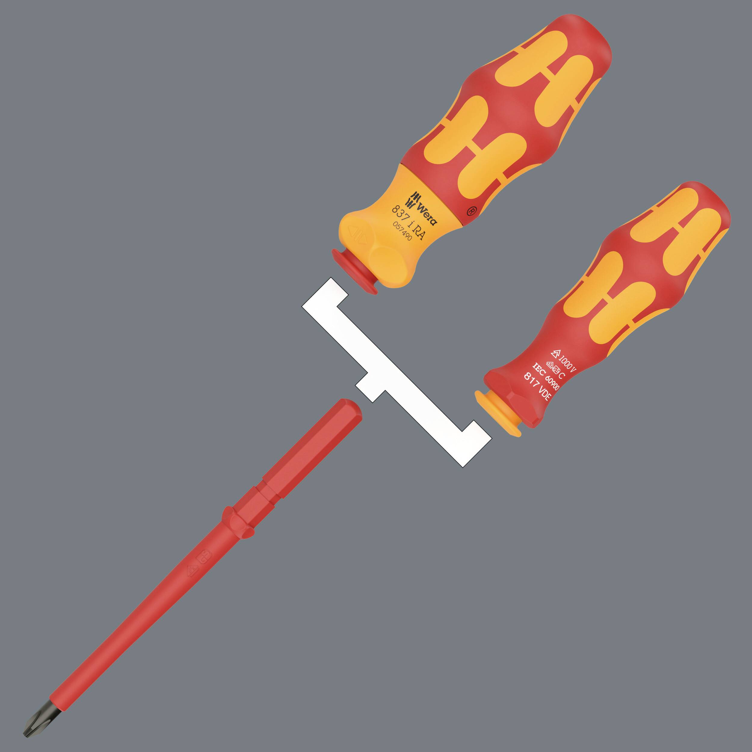 Two screwdrivers with insulated plastic handles in red and yellow, with different tips for various screw types.