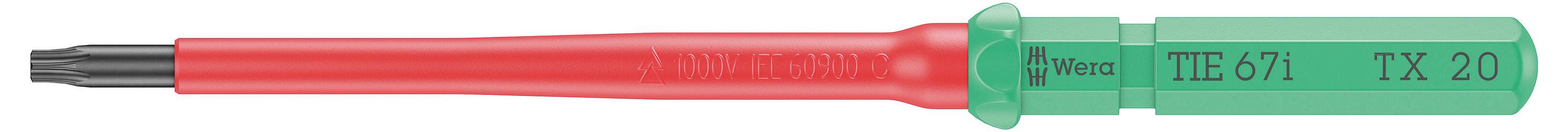 A socket screwdriver with a red handle and green head. 'Wiha' and 'T10 x 80' are printed on the head.