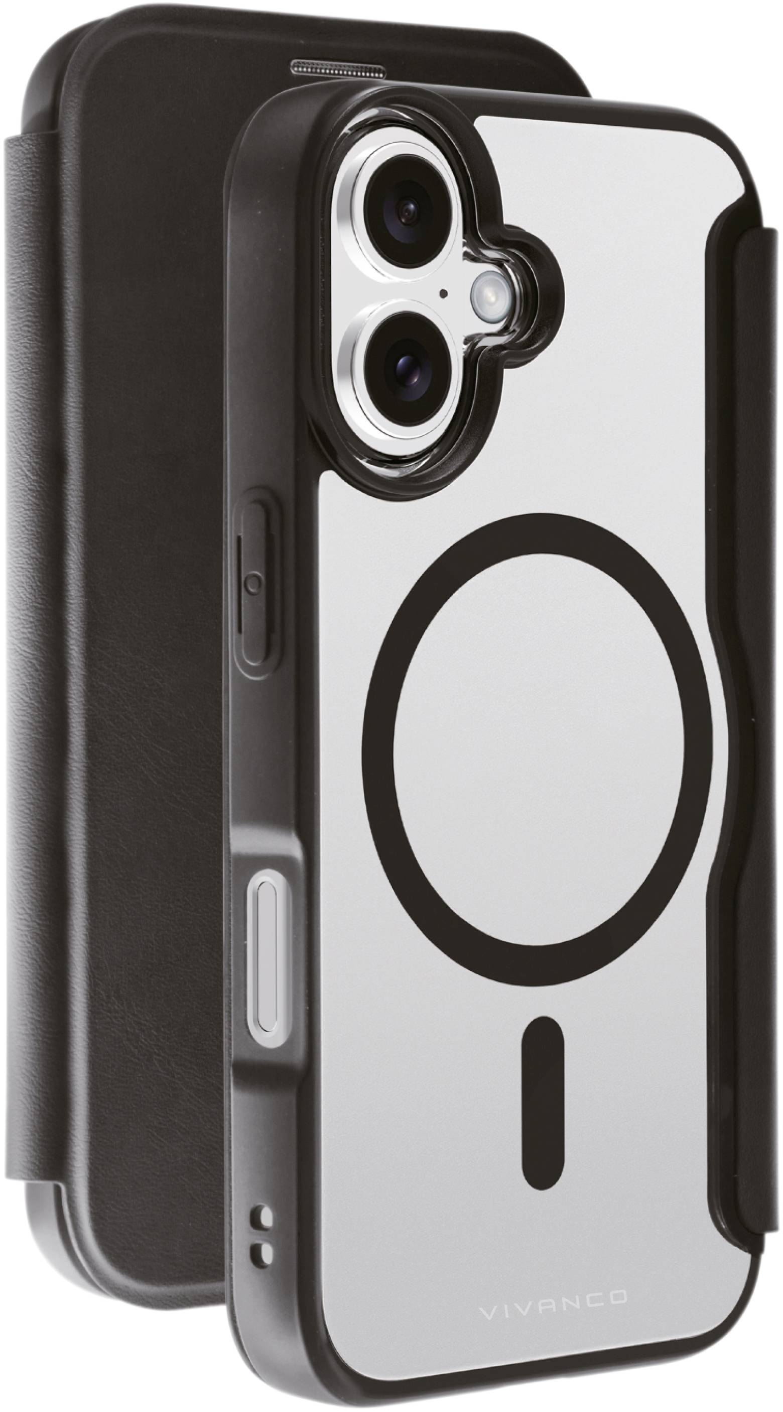 Image of Vivanco MAG PREMIUM Booklet Apple iPhone 16 Black Inductive charging, Sandproof, Sprayproof, Dustproof, Shockproof 64219