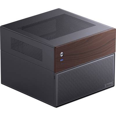 A desktop computer case in a cube shape with a mix of black metal and a wood-like front panel.