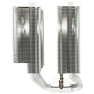 A metallic dual-tower CPU cooler with stacked fins and heat pipes, designed for efficient heat dissipation in computer systems.