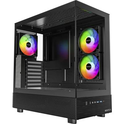 Black PC case with transparent side panels, three illuminated RGB fans visible inside; suitable for gaming computers.