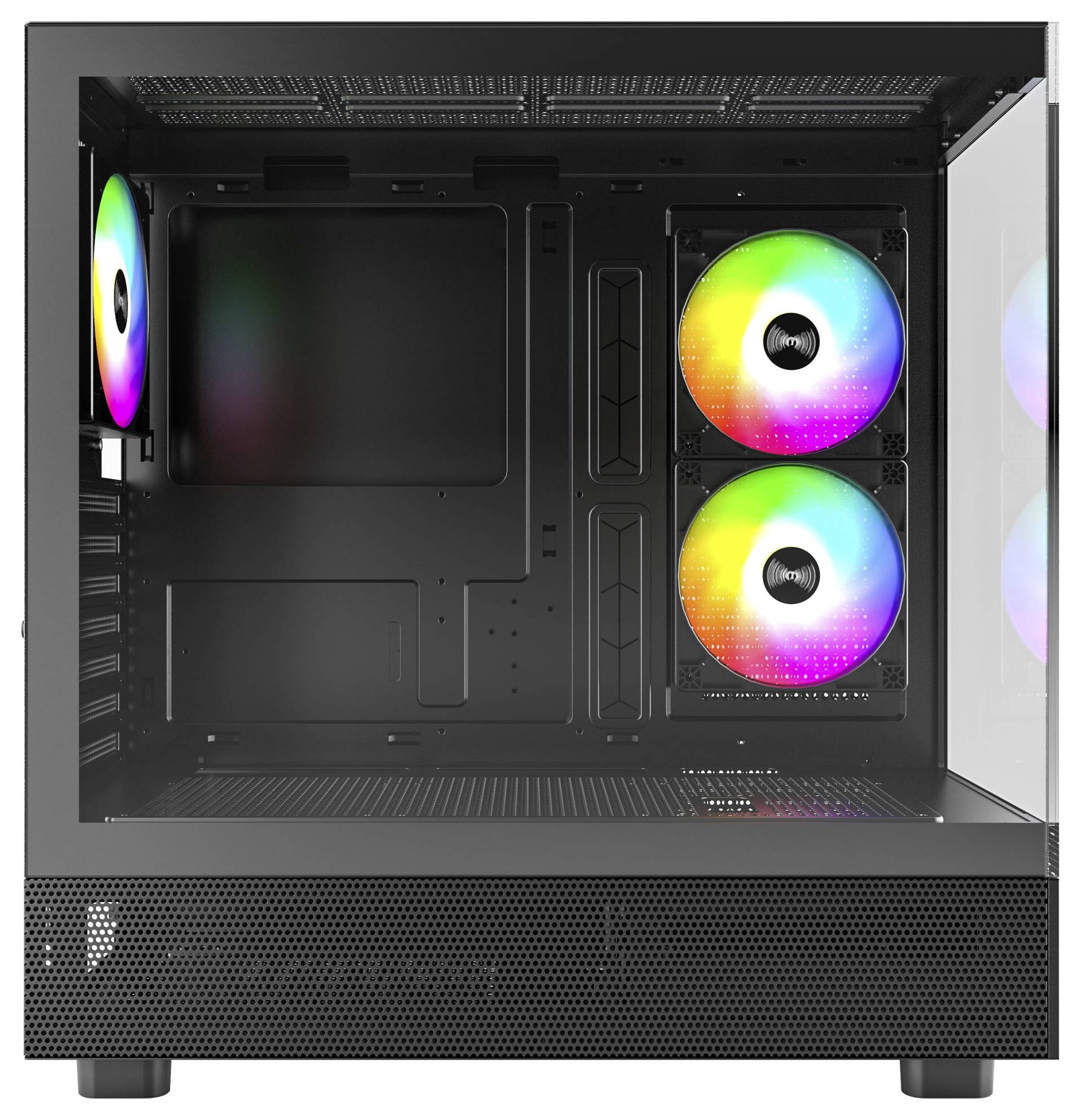 PC case with a glass side panel, showing three colourful RGB fans at the front and top left, suitable for computer build projects.
