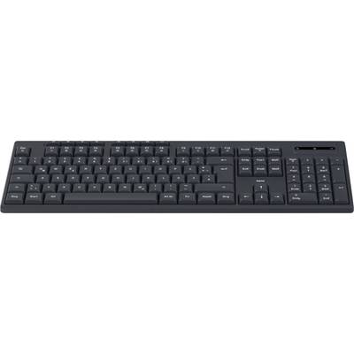 Black computer keyboard with full key layout, including numeric keypad and function keys.