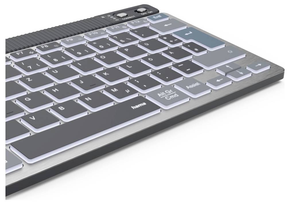 A modern computer keyboard with a slim design and backlit keys, including special keys for control and navigation.
