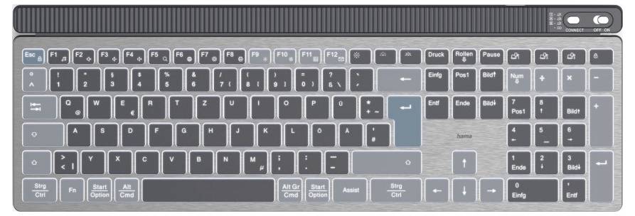 Wireless silver keyboard with function key row and numeric keypad. Keys in dark and light blue tones for differentiation.