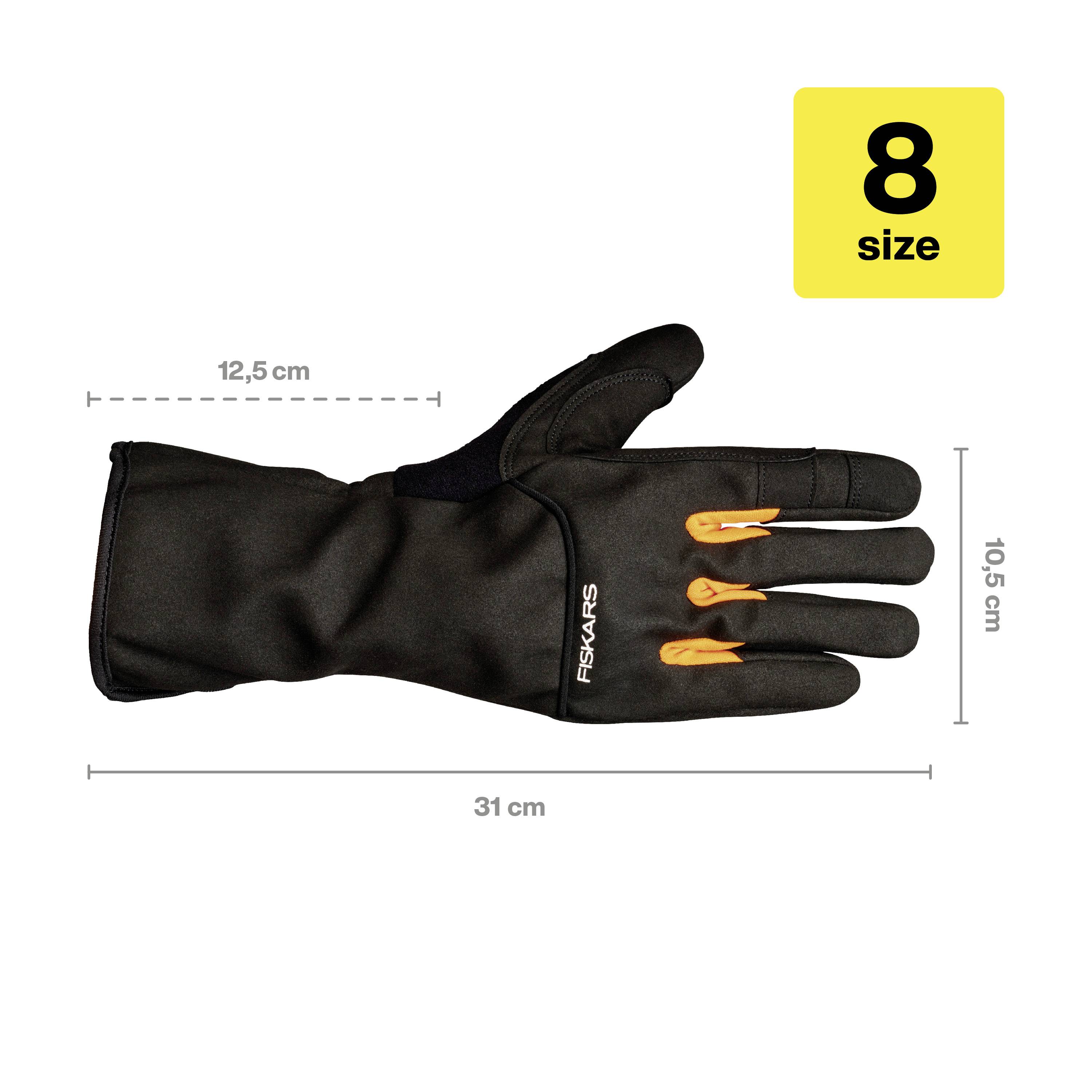 Protective glove, size 8, black, 31 cm long, 12.5 cm wide. Suitable for gardening, provides protection and flexibility.