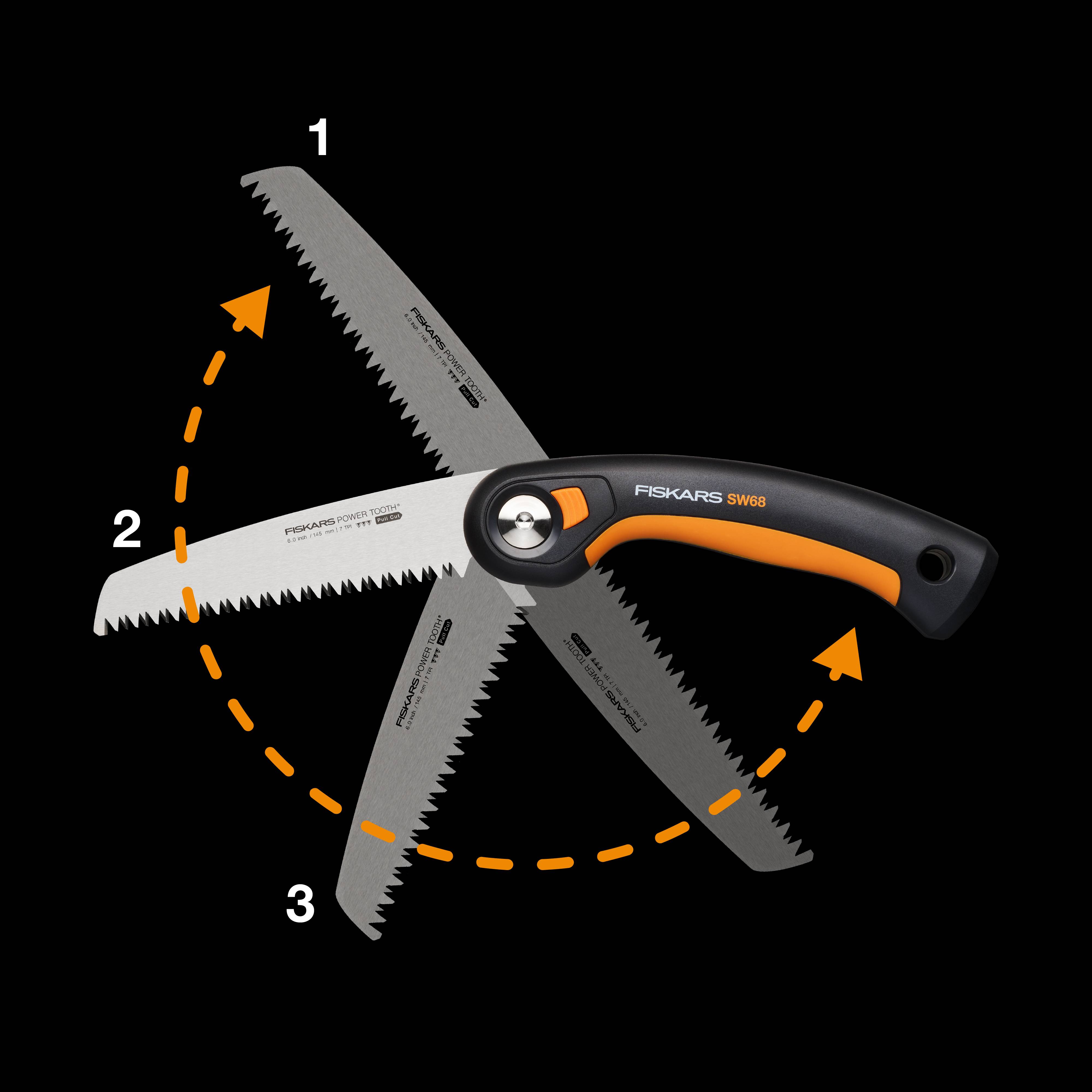 Folding handsaw with ergonomic handle. Three positions: 1 - straight, 2 - curved, 3 - folded. Orange rotational movement.
