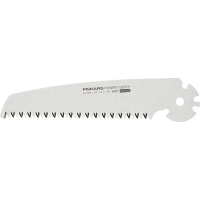 Saw blade with 'Fiskars Power Tooth' inscription. It is designed for pull cutting and shows a serrated edge.