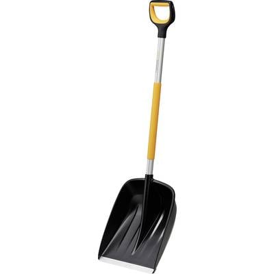 Black-bladed shovel with a yellow handle, suitable for snow or dirt. Long handle for easy shovelling.