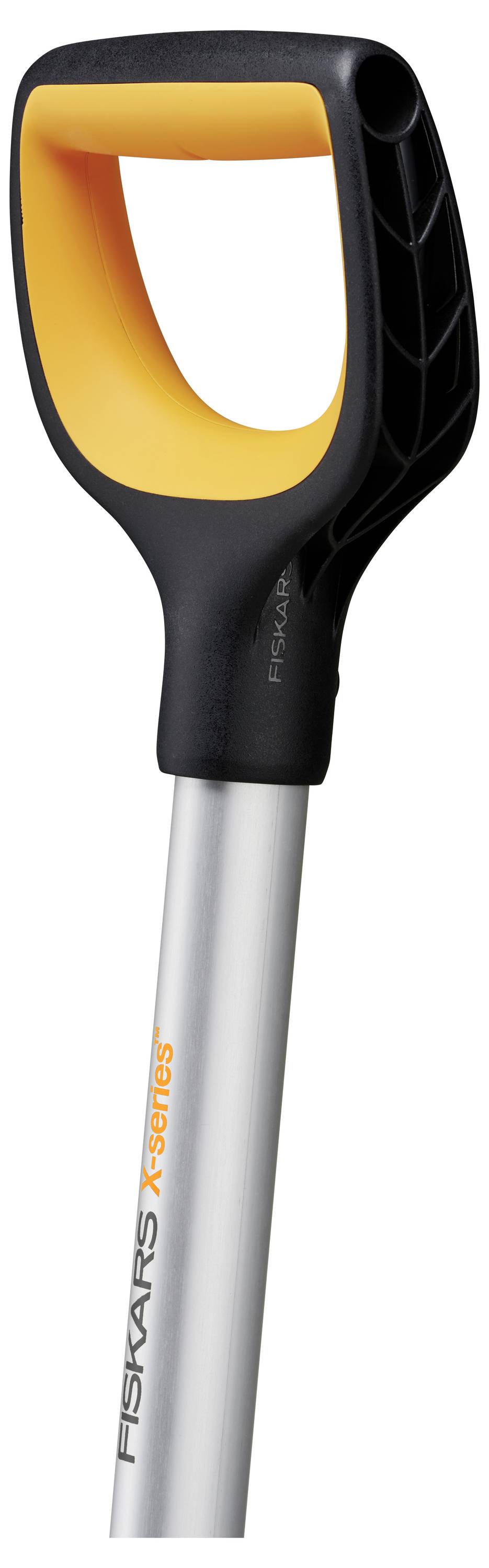 A spade with an ergonomic D-handle and a metal shaft. The handle section is black and orange.