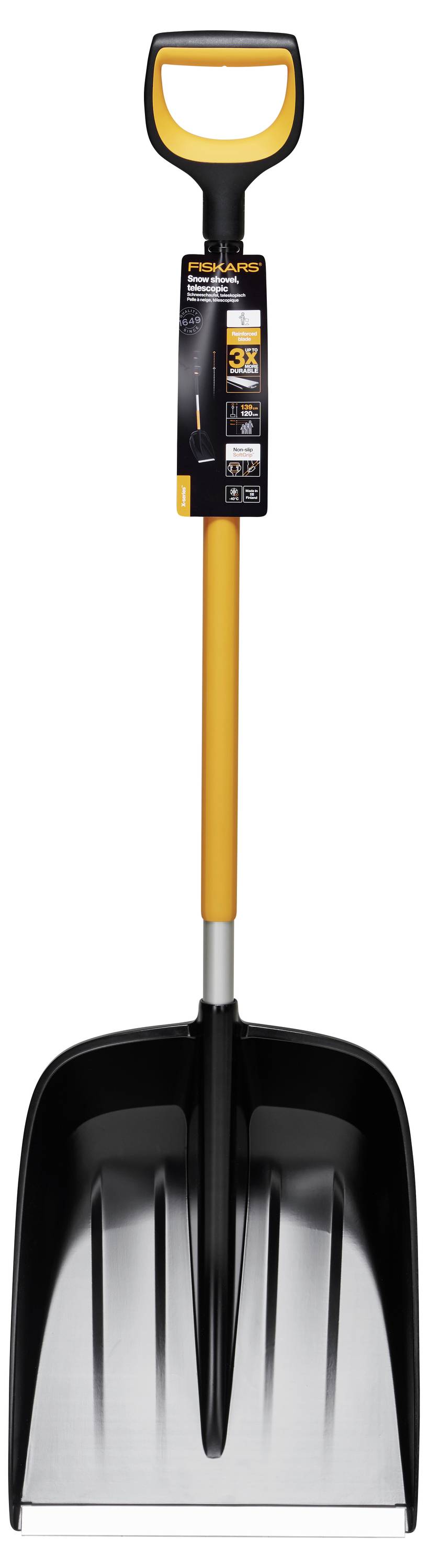 Snow shovel with a yellow handle and black blade, suitable for clearing snow.