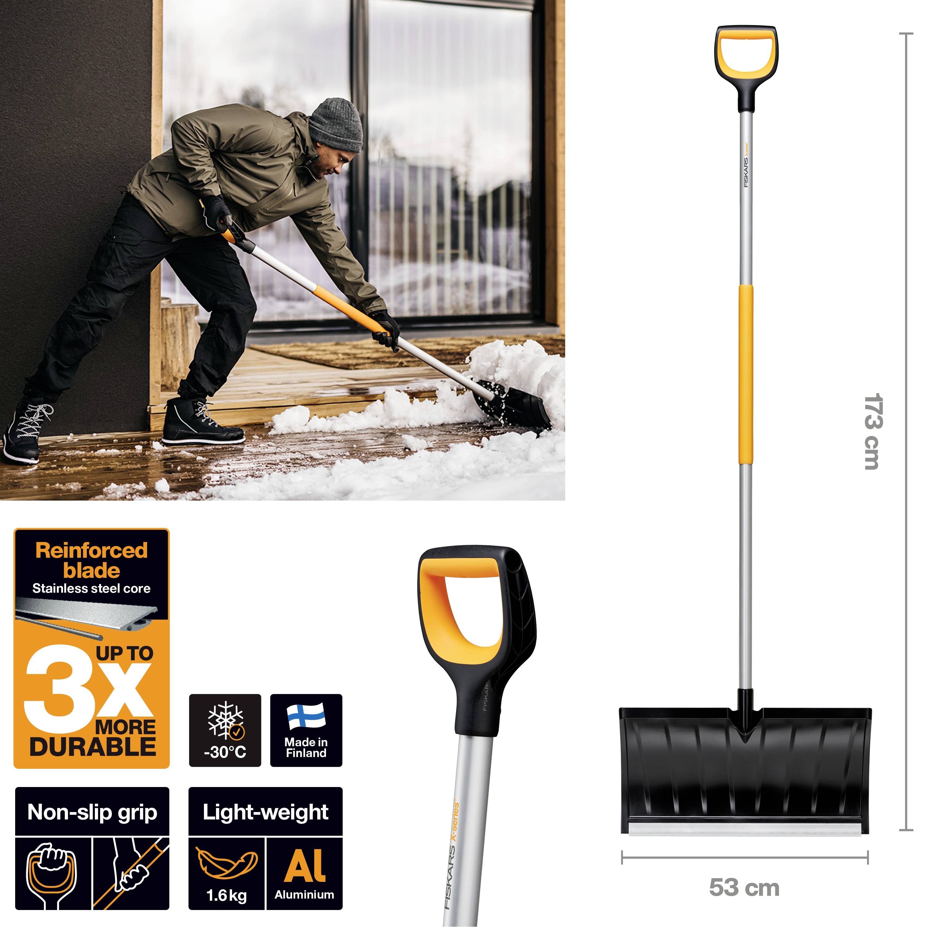 'Man Shovelling Snow from a Terrace' shows below a snow shovel with dimensions: Length 173 cm, Width 53 cm, made of aluminium.