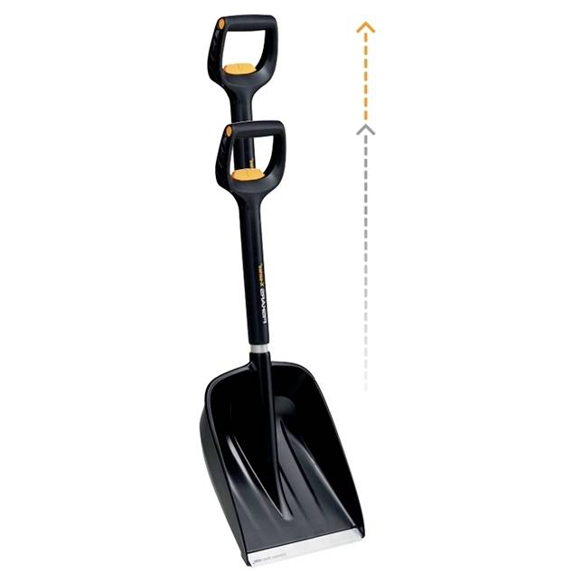 Snow shovel with adjustable, ergonomic handle, black metal blade, suitable for snow clearing work.