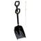 Snow shovel with adjustable, ergonomic handle, black metal blade, suitable for snow clearing work.